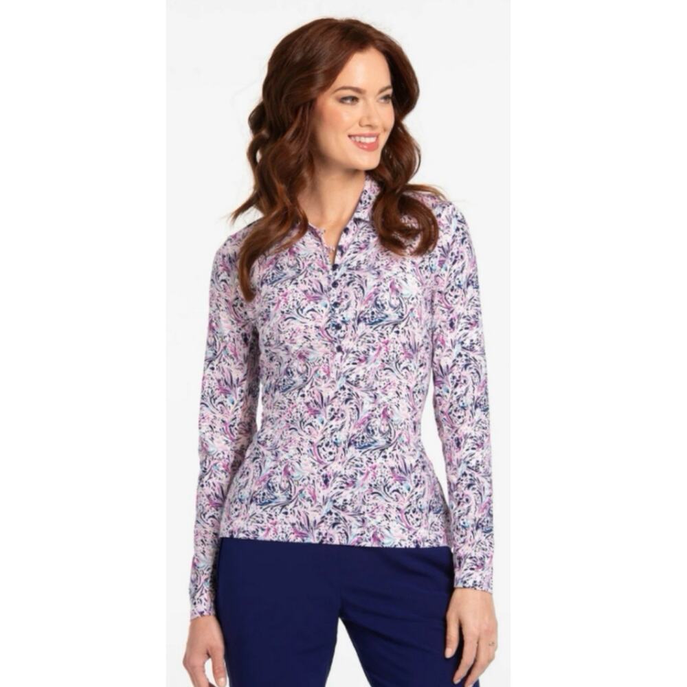 EP New York Spiral Paisley Long Sleeve Golf Polo shirt Sz Small Preppy chic